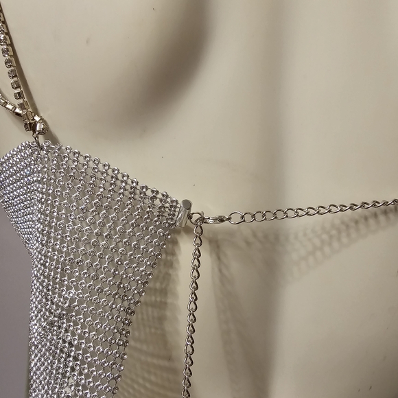 Silver Crystal Chain Tank Top Glitter Metal Mesh top - Picture 5 of 10